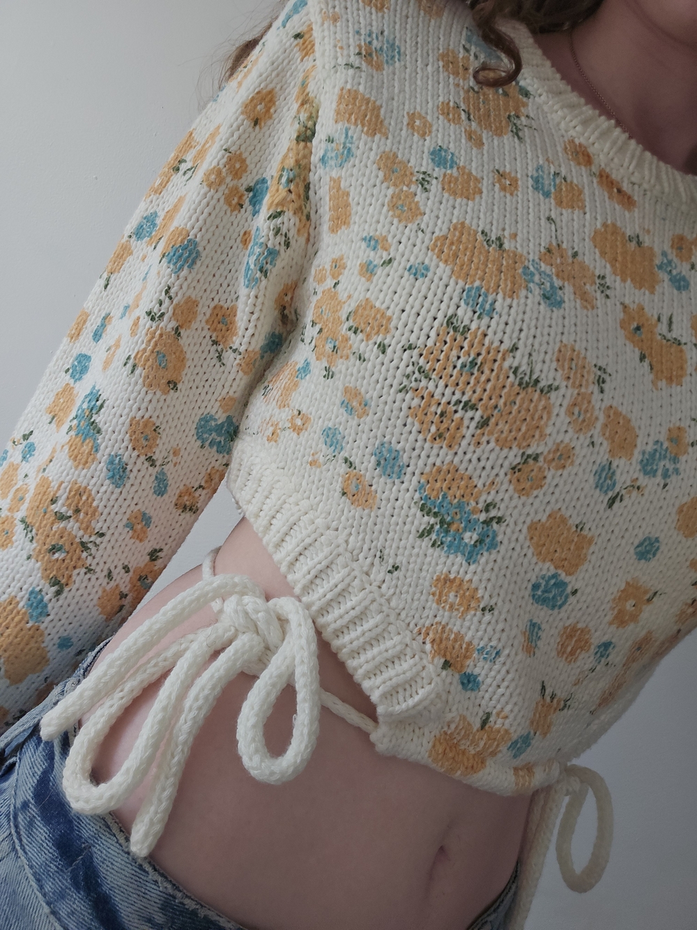 emory park Cream Knit Tie-Front Sweater with Yellow & Blue Floral